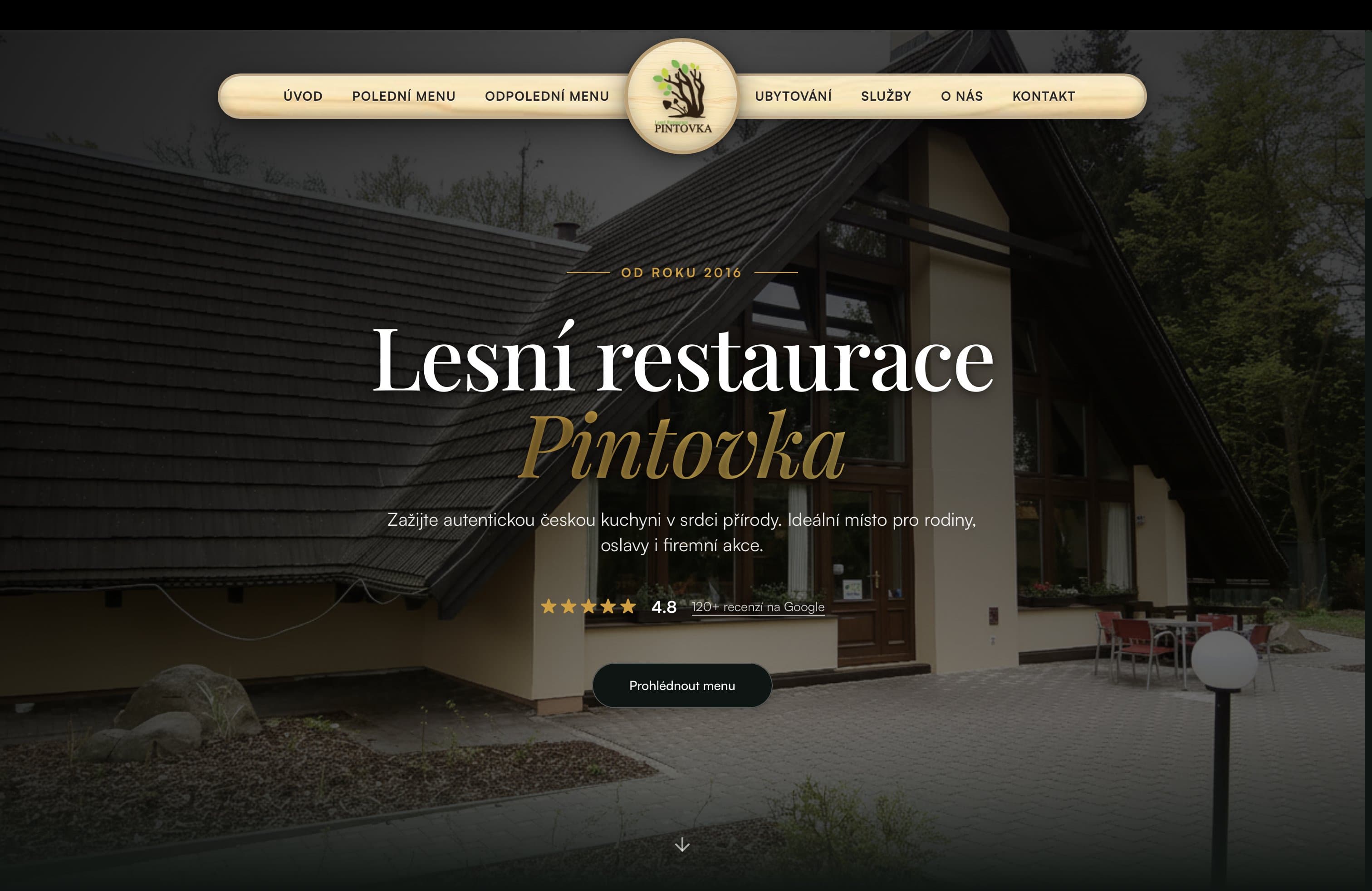 Web Lesní restaurace Pintovka — úvodní stránka