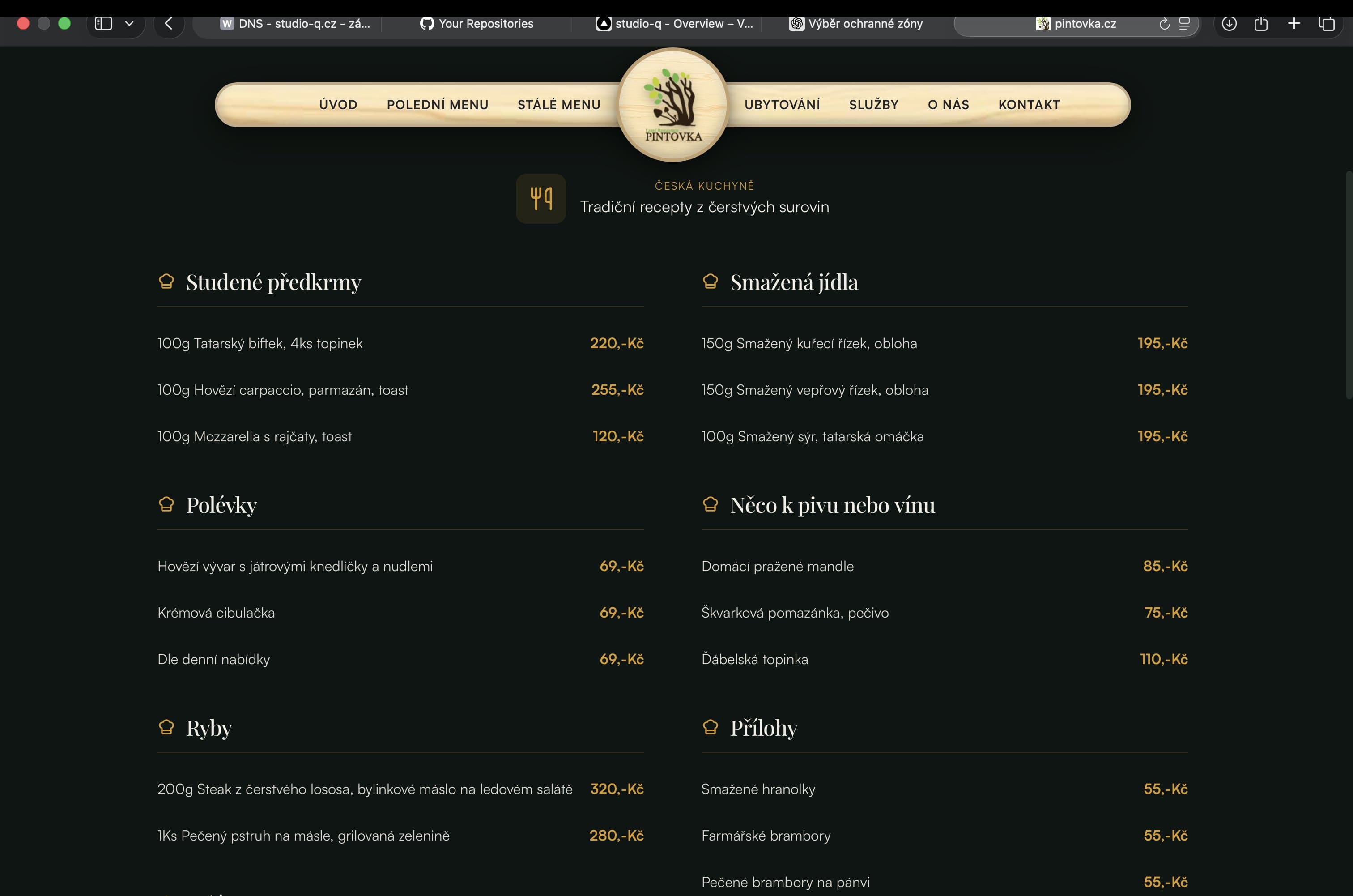 Web Lesní restaurace Pintovka — jídelní lístek